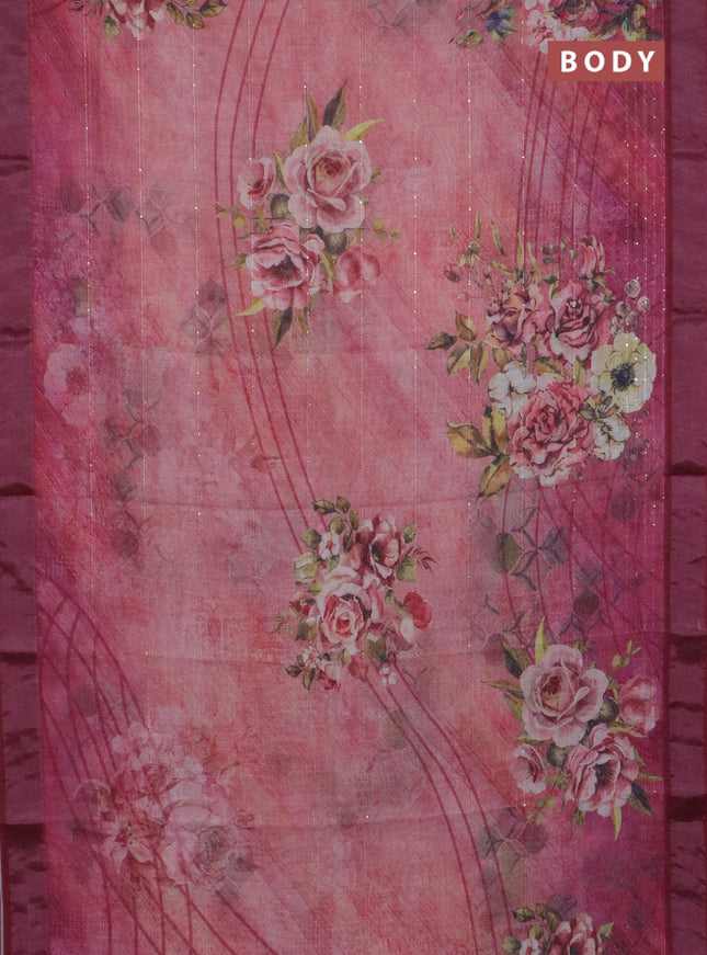 Linen cotton saree peach pink and maroon with allover floral prints & sequin work and silver zari woven border