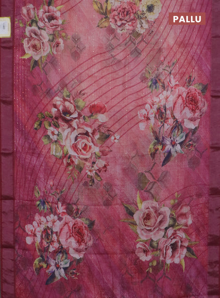 Linen cotton saree peach pink and maroon with allover floral prints & sequin work and silver zari woven border