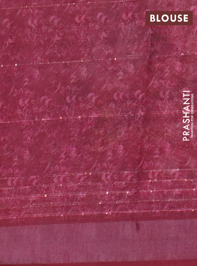 Linen cotton saree peach pink and maroon with allover floral prints & sequin work and silver zari woven border