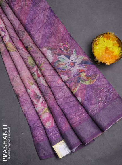 Linen cotton saree mild lavender and violet with allover floral prints & sequin work and silver zari woven border