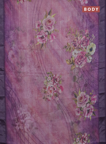 Linen cotton saree mild lavender and violet with allover floral prints & sequin work and silver zari woven border