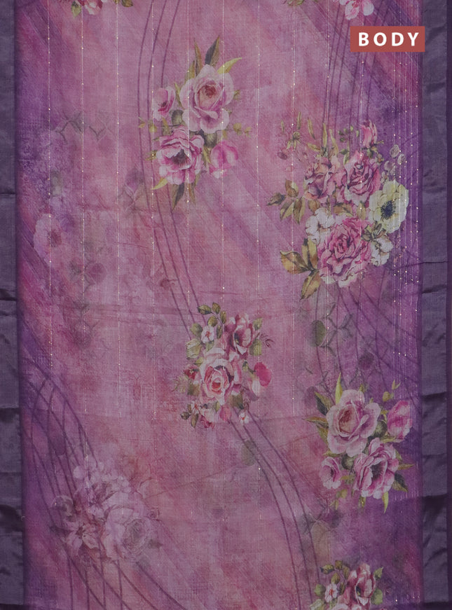 Linen cotton saree mild lavender and violet with allover floral prints & sequin work and silver zari woven border