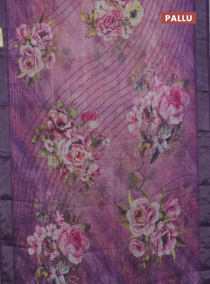 Linen cotton saree mild lavender and violet with allover floral prints & sequin work and silver zari woven border