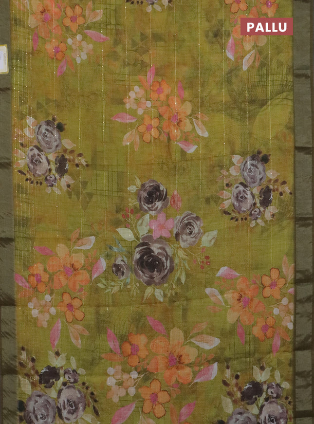 Linen cotton saree light green with allover floral prints & sequin work and silver zari woven border