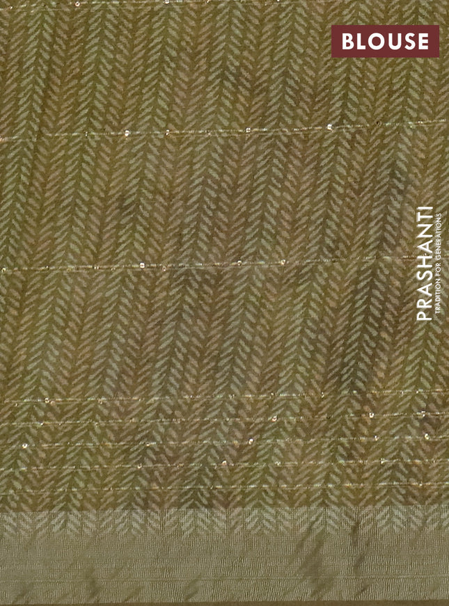 Linen cotton saree light green with allover floral prints & sequin work and silver zari woven border