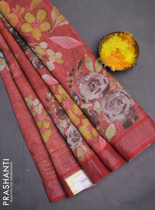 Linen cotton saree maroon shade with allover floral prints & sequin work and silver zari woven border