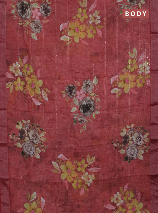 Linen cotton saree maroon shade with allover floral prints & sequin work and silver zari woven border