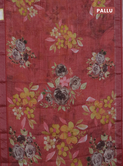 Linen cotton saree maroon shade with allover floral prints & sequin work and silver zari woven border