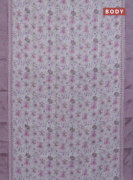 Linen cotton saree off white and pastel pink with allover floral prints & sequin work and silver zari woven border