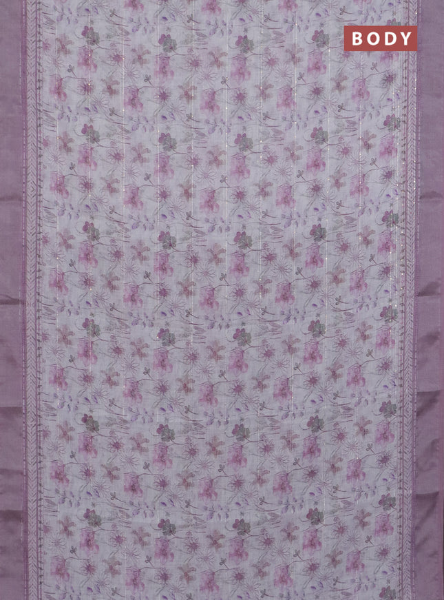 Linen cotton saree off white and pastel pink with allover floral prints & sequin work and silver zari woven border
