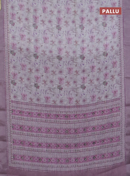 Linen cotton saree off white and pastel pink with allover floral prints & sequin work and silver zari woven border