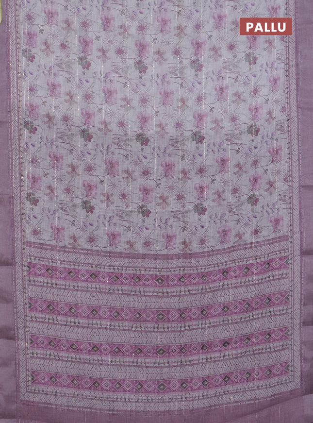 Linen cotton saree off white and pastel pink with allover floral prints & sequin work and silver zari woven border