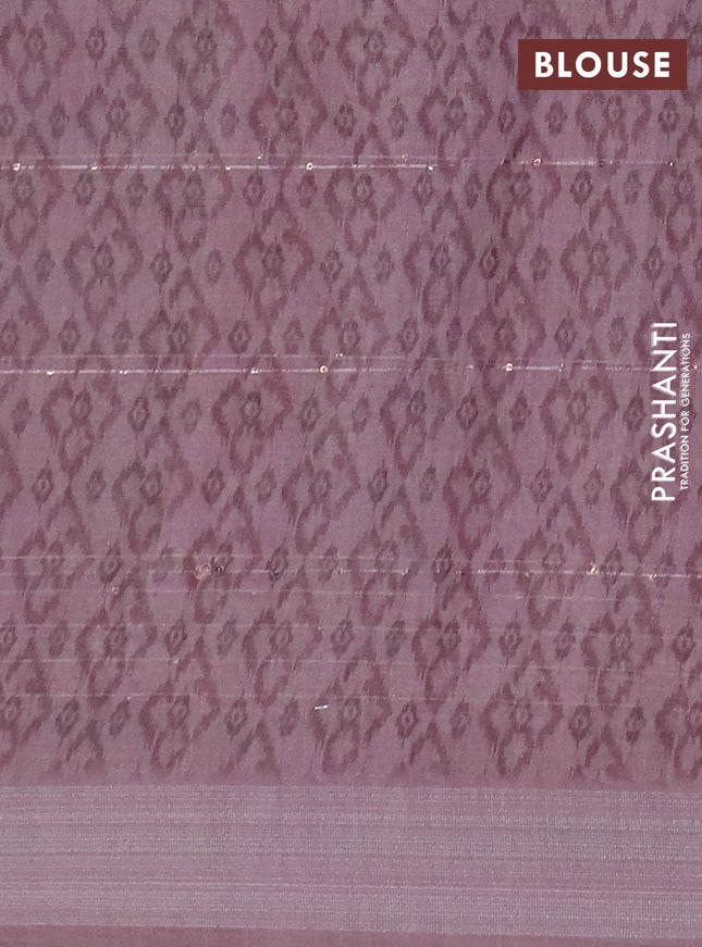 Linen cotton saree off white and pastel pink with allover floral prints & sequin work and silver zari woven border