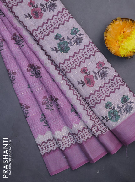 Linen cotton saree pastel pink with floral butta prints & sequin work and silver zari woven border