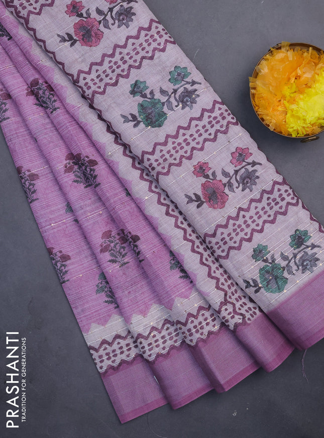 Linen cotton saree pastel pink with floral butta prints & sequin work and silver zari woven border