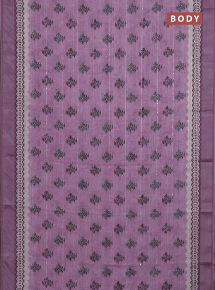 Linen cotton saree pastel pink with floral butta prints & sequin work and silver zari woven border