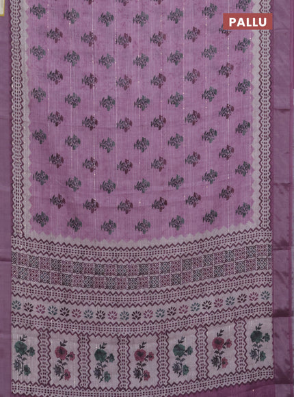 Linen cotton saree pastel pink with floral butta prints & sequin work and silver zari woven border