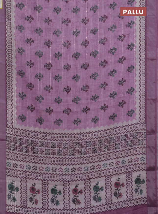 Linen cotton saree pastel pink with floral butta prints & sequin work and silver zari woven border