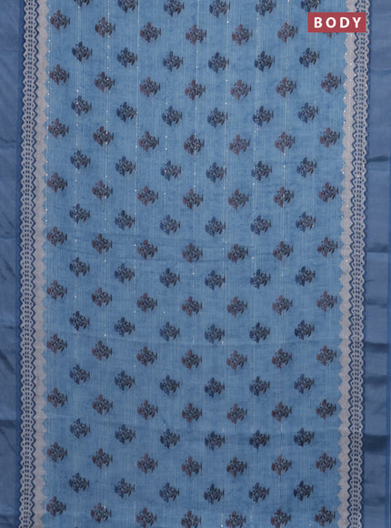 Linen cotton saree blue shade with floral butta prints & sequin work and silver zari woven border