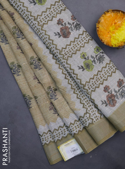 Linen cotton saree sandal with floral butta prints & sequin work and silver zari woven border