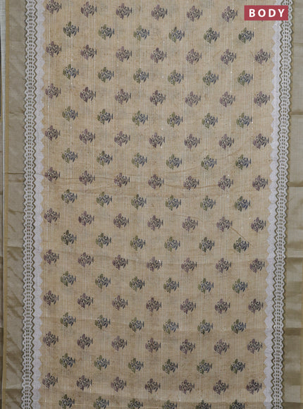 Linen cotton saree sandal with floral butta prints & sequin work and silver zari woven border