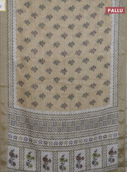 Linen cotton saree sandal with floral butta prints & sequin work and silver zari woven border