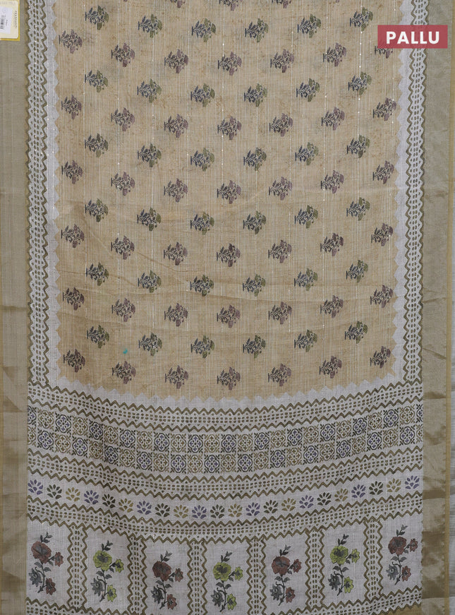 Linen cotton saree sandal with floral butta prints & sequin work and silver zari woven border