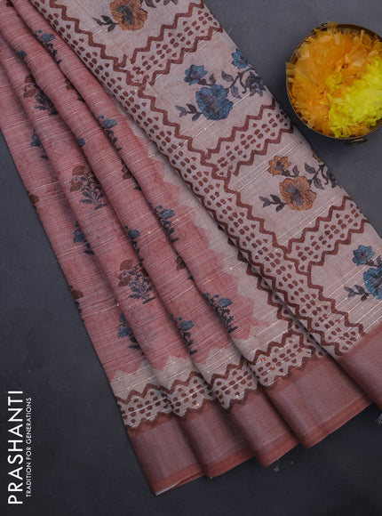 Linen cotton saree peach shade with floral butta prints & sequin work and silver zari woven border