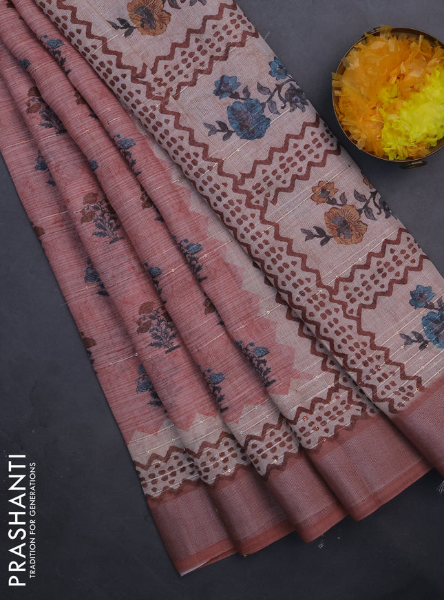 Linen cotton saree peach shade with floral butta prints & sequin work and silver zari woven border