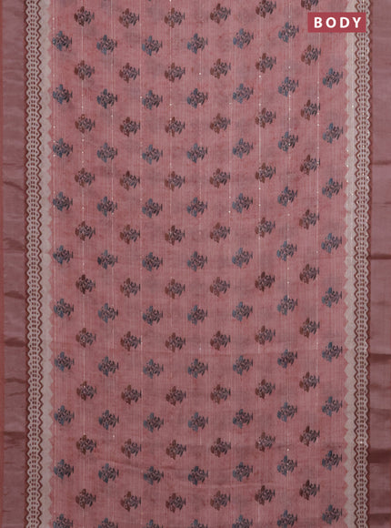 Linen cotton saree peach shade with floral butta prints & sequin work and silver zari woven border