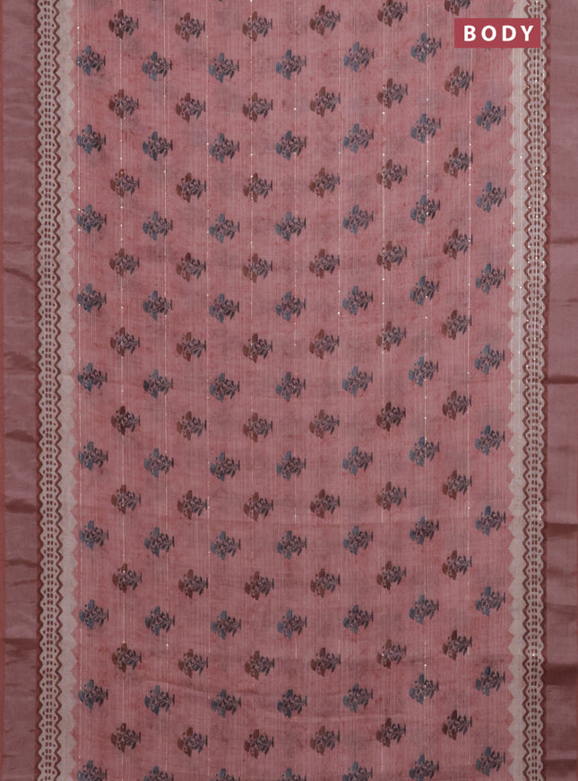 Linen cotton saree peach shade with floral butta prints & sequin work and silver zari woven border