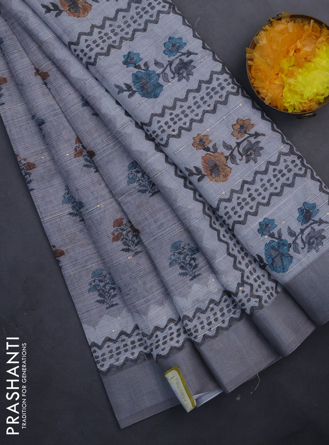 Linen cotton saree grey with floral butta prints & sequin work and silver zari woven border