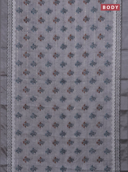 Linen cotton saree grey with floral butta prints & sequin work and silver zari woven border