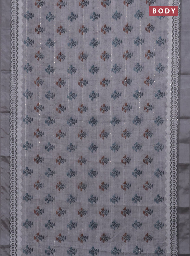 Linen cotton saree grey with floral butta prints & sequin work and silver zari woven border