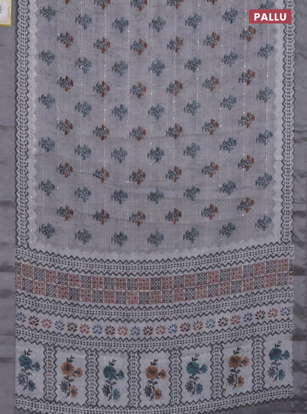 Linen cotton saree grey with floral butta prints & sequin work and silver zari woven border