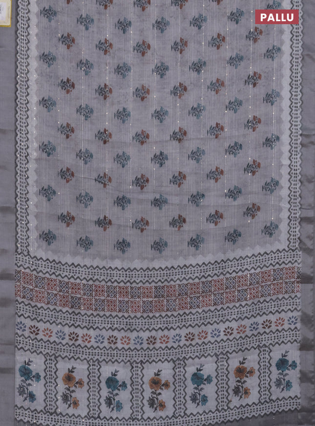 Linen cotton saree grey with floral butta prints & sequin work and silver zari woven border