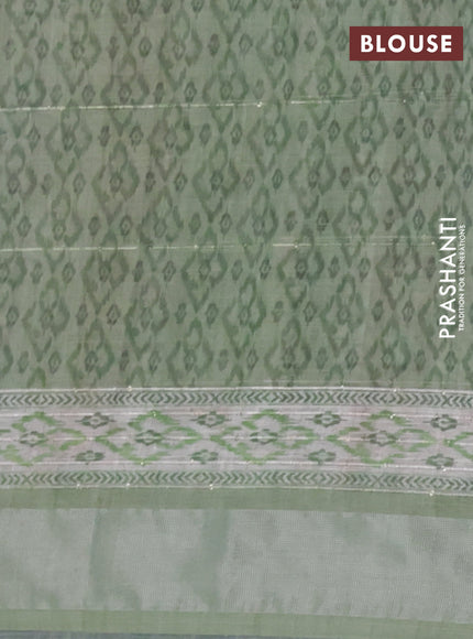 Linen cotton saree pastel green with allover floral prints & sequin work and silver zari woven border