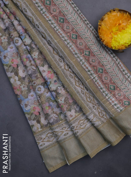 Linen cotton saree beige with allover floral prints & sequin work and silver zari woven border