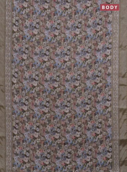Linen cotton saree beige with allover floral prints & sequin work and silver zari woven border