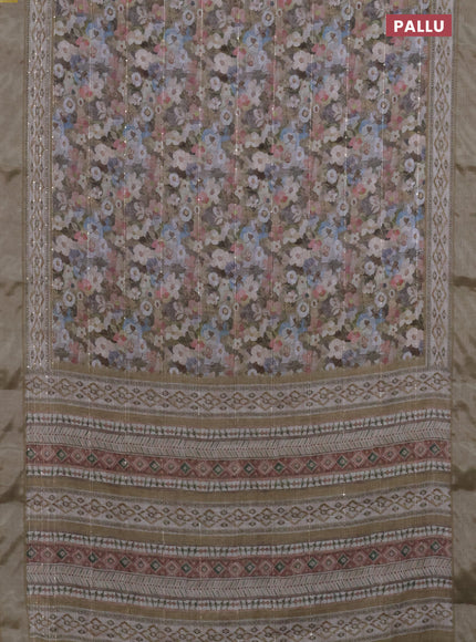 Linen cotton saree beige with allover floral prints & sequin work and silver zari woven border