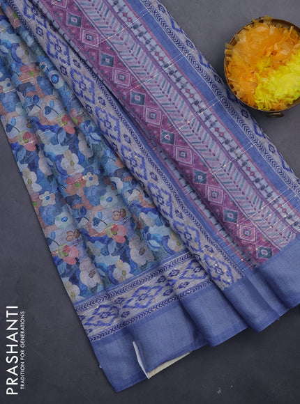Linen cotton saree blue with allover floral prints & sequin work and silver zari woven border