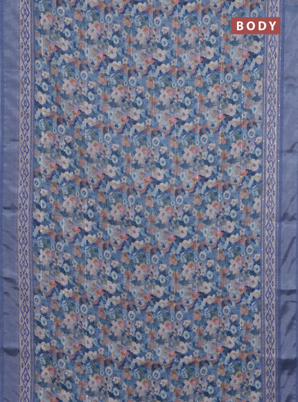 Linen cotton saree blue with allover floral prints & sequin work and silver zari woven border