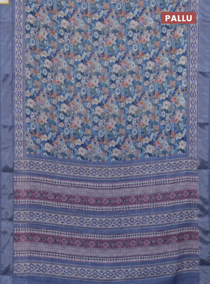 Linen cotton saree blue with allover floral prints & sequin work and silver zari woven border
