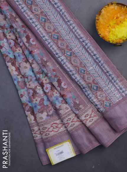 Linen cotton saree brown shade with allover floral prints & sequin work and silver zari woven border