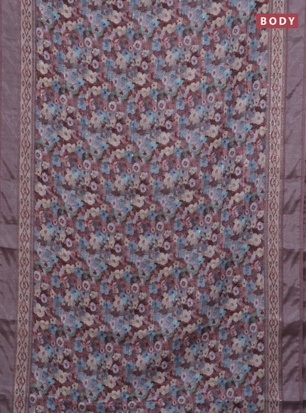 Linen cotton saree brown shade with allover floral prints & sequin work and silver zari woven border