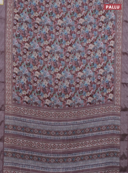 Linen cotton saree brown shade with allover floral prints & sequin work and silver zari woven border