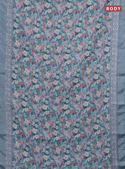 Linen cotton saree pastel blue with allover floral prints & sequin work and silver zari woven border