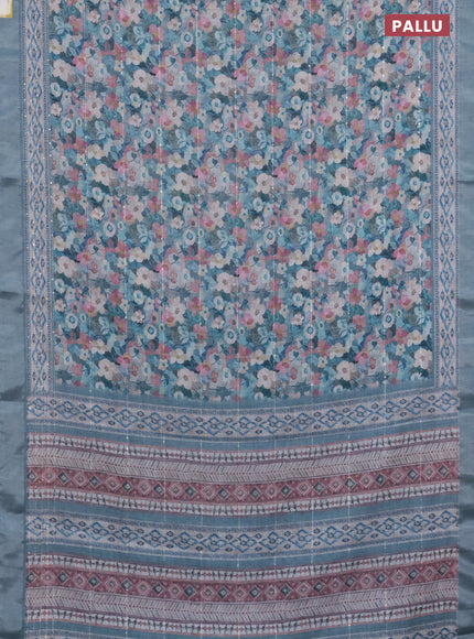 Linen cotton saree pastel blue with allover floral prints & sequin work and silver zari woven border