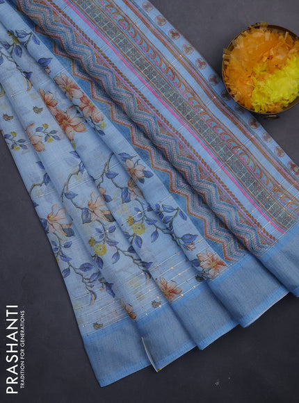 Linen cotton saree light blue with allover floral prints & sequin work and silver zari woven border