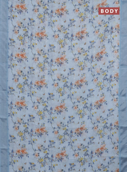 Linen cotton saree light blue with allover floral prints & sequin work and silver zari woven border